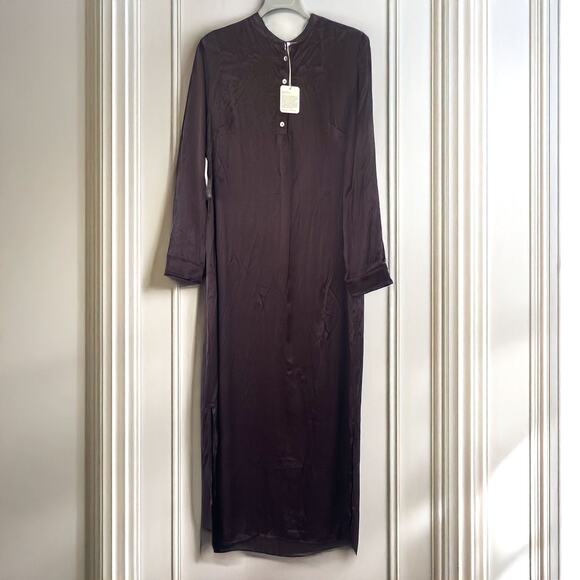 DONNI. NWT Silky Tunic Long Sleeve Shirt Maxi Dress in Dark Brown Size M - Picture 2 of 13